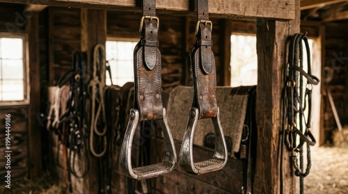 Equestrian Heritage:  Vintage leather stirrups, suspended from a weathered wooden beam within a rustic barn.  It evokes a sense of history and the enduring bond between humans and horses. 