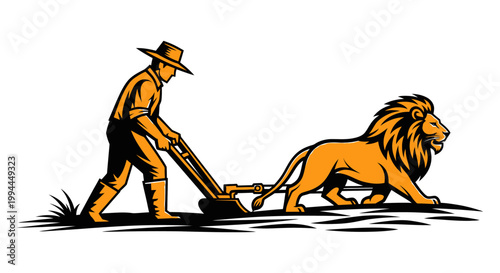 Farmer plowing field with lion symbol of strength courage partnership