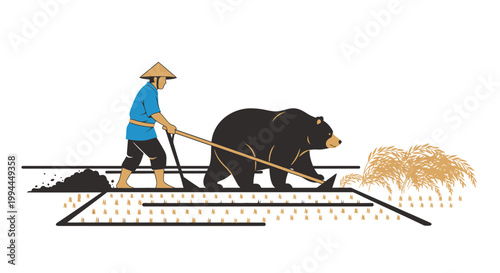Farmer with bear plowing field vector illustration farming concept