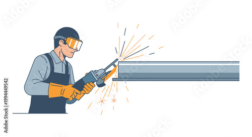 Metalworker grinding metal pipe with sparks and protective gear illustration