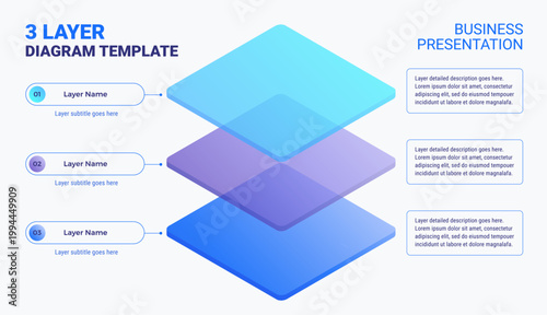 3 layers diagram template with space for your text - great business technology slide template for company presentations - modern minimal design isolated on light background vector 