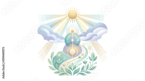 Illustration of Jesus Christ ascending to heaven on Ascension Day in Indonesia, surrounded by clouds, sun rays, and leaves, symbolizing spiritual event and holy celebration.