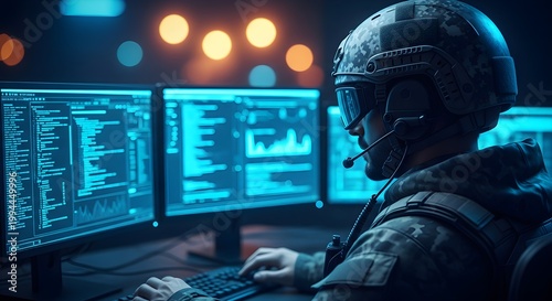 Cyber soldier working on computer with multiple screens in a dark room with blue and orange lighting