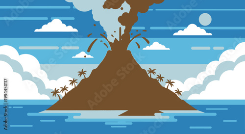 Volcanic eruption on island illustration against cloudy sky