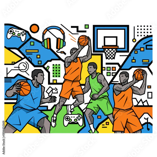 Basketball Players Playing Game, Digital Art, Sports Gaming Concept, Vibrant Colors