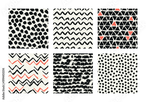 Vector seamless pattern set. Abstract background with brush strokes. Monochrome, hand-drawn print. Artistic tileable strokes. Collection of creative swatches. Modern surface design.