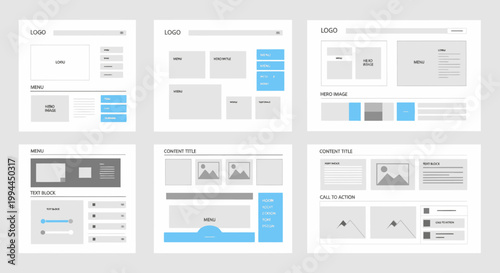 Website wireframe mockups with layouts and design elements for digital projects