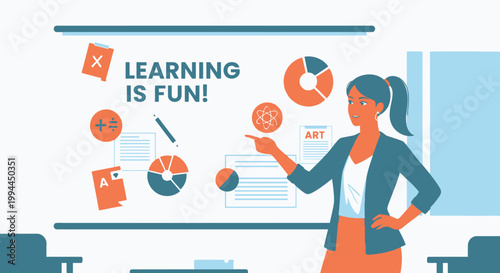 Woman presenting education concept with mathematics and science elements
