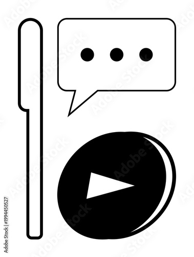 Communication, digital media, technology, content creation, online interaction, video sharing. Minimalist speech bubble, smartphone outline and play button. Communication and digital media