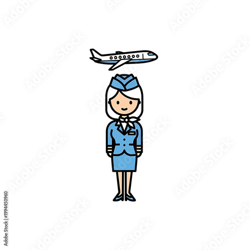 Flight Attendant in Blue Uniform with Airplane Vector Illustration