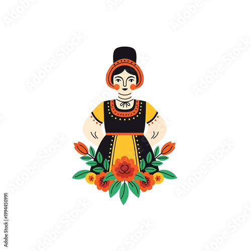 Woman in traditional folk costume with floral ornaments illustration