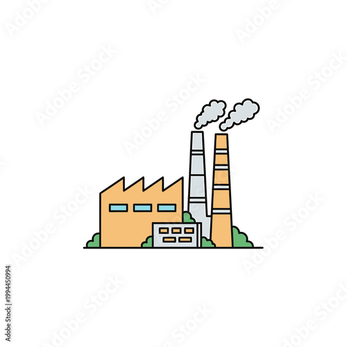 Flat industrial factory building illustration with smoking chimneys