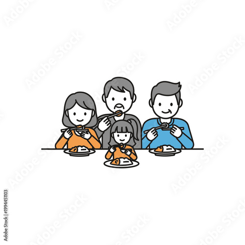 Happy family enjoying a meal with chopsticks vector illustration