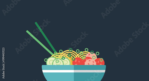 Flat design illustration of a bowl of ramen noodles with chopsticks and toppings
