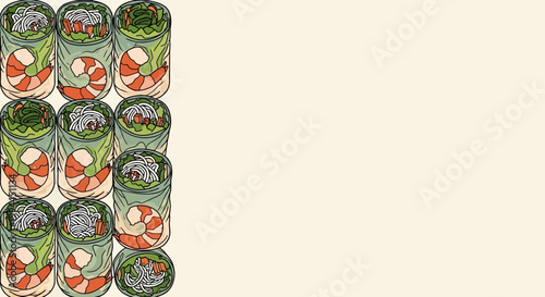 Vector Illustration of Fresh Vietnamese Spring Rolls or Summer Rolls Pattern on Light Beige Background