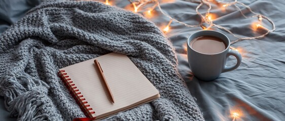 Cozy flat lay with notebook and pen on knitted blanket beside cup of coffee and warm fairy lights, soft blue background with copy space for text.