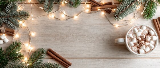 Christmas flat lay with hot chocolate and marshmallows, fir branches, cinnamon sticks and fairy lights on wooden background with copy space.