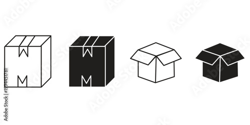 Package, parcel, box, delivery, distribution, import, export and return editable stroke outline flat icons