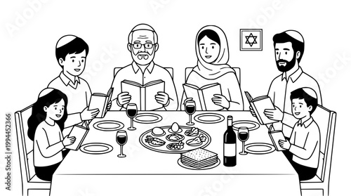 Jewish family reading together at the annual Passover seder table