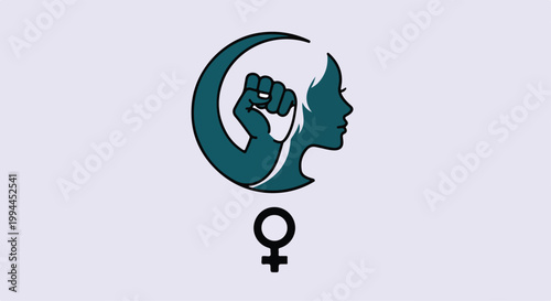 Empowerment symbol with female face and clenched fist in moon logo for equality and feminism
