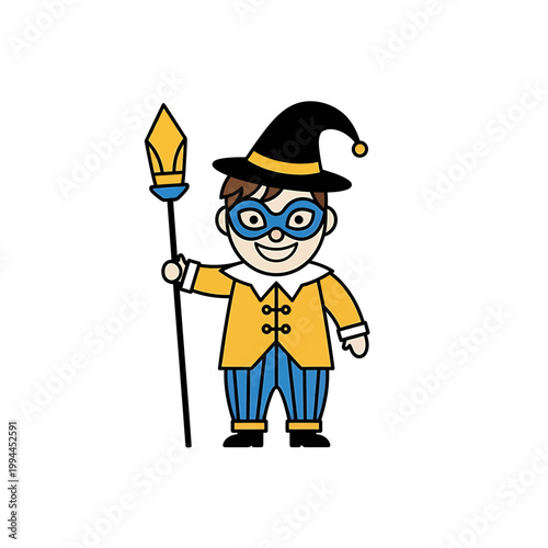 Boy in festive carnival masquerade costume holding a spear