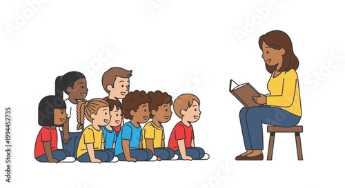 Teacher reading to children during a story time illustration white background