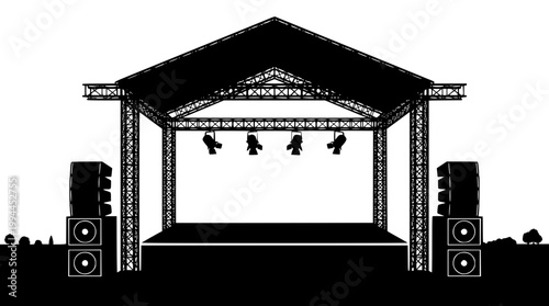 Silhouette vector illustration of an outdoor music festival stage