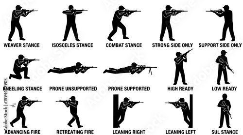 Set of tactical shooting stance silhouettes in vector graphic design