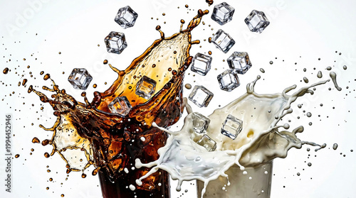 Splashing cola and milk colliding in mid-air with ice cubes flying