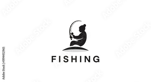 Silhouette of a Person Fishing with a Curved Rod on White Background.