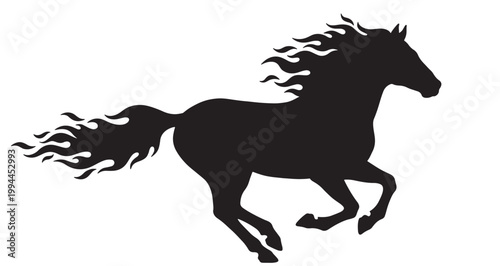 Flame Mane Horse Silhouette vector illustration of a powerful running horse featuring stylized flowing flames integrated into its mane and tail created for dynamic logo designs and artistic projects.