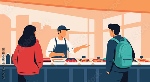 A vibrant illustration depicts three people at a food stall likely purchasing colorful prepared snacks