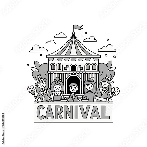 Carnival illustration with circus tent and performers in line art style
