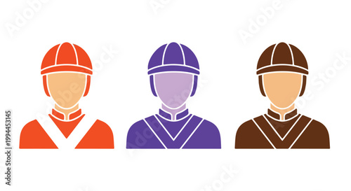 Three jockeys in different colored uniforms and helmets standing side by side