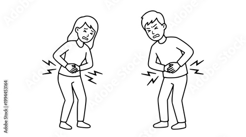 Two people suffering from severe abdominal pain vector illustration