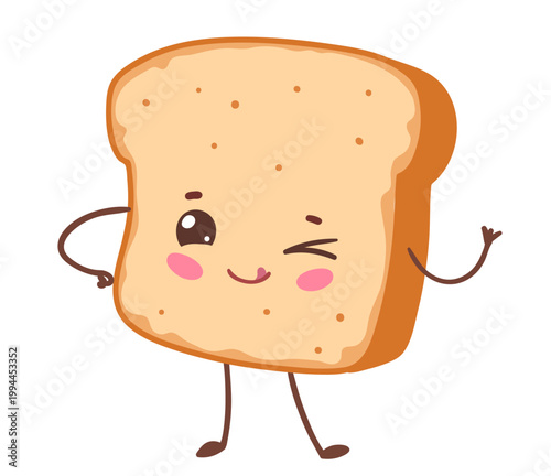 Vector illustration of cute toast character with funny face. Flat breakfast food isolated object.