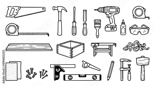 Set of hand drawn carpenter tools for home improvement projects