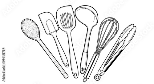 Outlined kitchen utensils spoon spatula slotted turner whisk tongs ladle