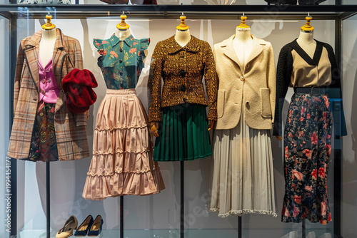 Vintage women's clothing collection on mannequins in fashion boutique display, featuring embroidered dresses, historical costumes, and folk style outfits