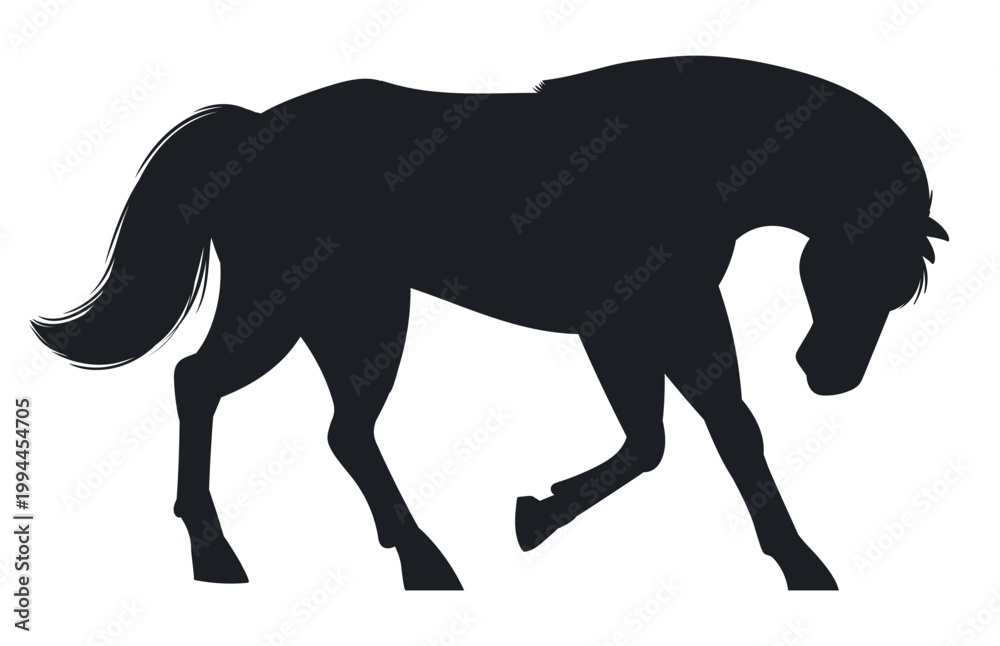 Obraz premium Gaiting horse silhouette. Domestic animal in moving pose flat vector illustration. Cartoon graceful farm horse silhouette on white background