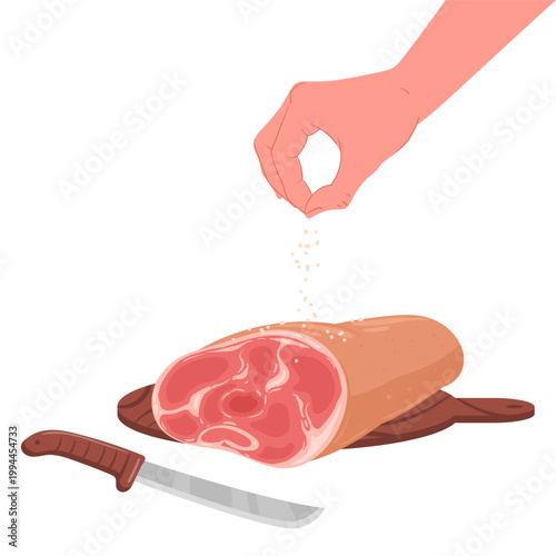 Ham seasoning. Cartoon human hand salting meat, delicious gammon meat product, ham salting process flat vector illustration. Tasty meat cooking on white