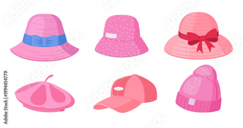 Modern female headwear. Cartoon pink hat, panama, beret and cap, fashionable headwear accessories, colorful had wearing elements flat vector Illustration set. Women hats isolated on white