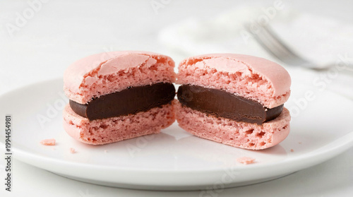Delicious pink macarons cut in half on white plate showing chocolate