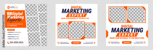 digital marketing ‍social media post banner design template set with dark and orange color, grow your business marketing post banner bundle with unique shape and photo collage.