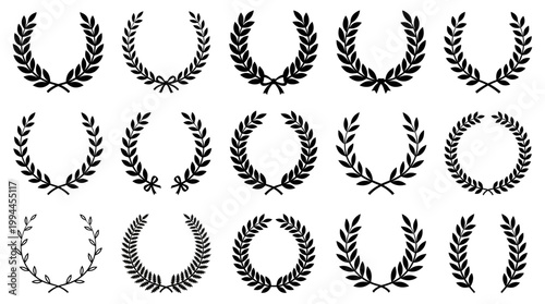Laurel wreath icon set. Assorted foliage and wheat wreath vector icons set. Round leaf wreath design for trophy crest, award and achievement border. Vector illustration collection.