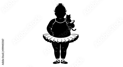 Silhouette of a young ballerina holding a cat, ready to dance.