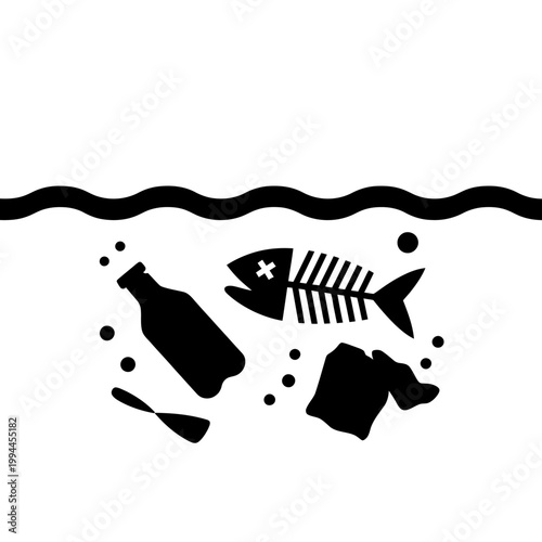 Pollution and dead fish in sea water