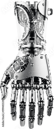 Cyborg hand halftone technical drawing robot mechanism prosthetic limb engineering futuristic technology bionic graphic.