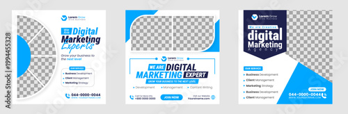 digital marketing ‍social media post banner design template set with dark and blue color, grow your business marketing post banner bundle with unique shape and photo collage.