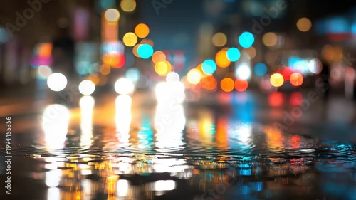 Abstract city bokeh lights rainy night street reflection background